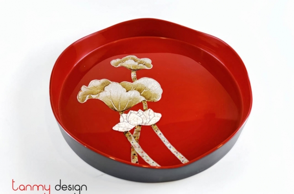 Red round lacquer tray hand-painted with lotus